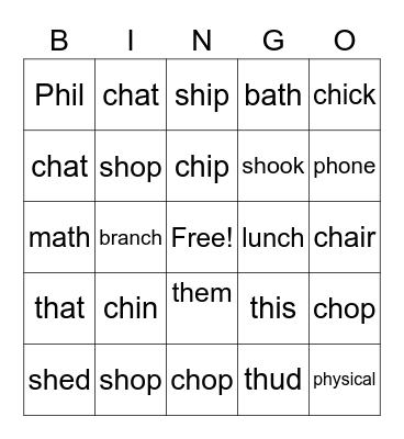 Consonant Digraphs Bingo Card