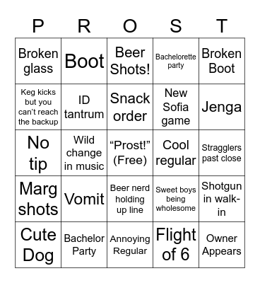 Prost Saturday Night Bingo Card