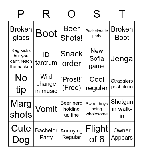 Prost Saturday Night Bingo Card