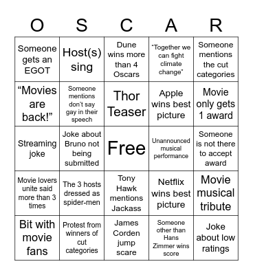Oscars 2022 Bingo Card
