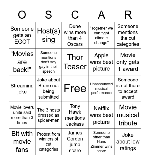 Oscars 2022 Bingo Card