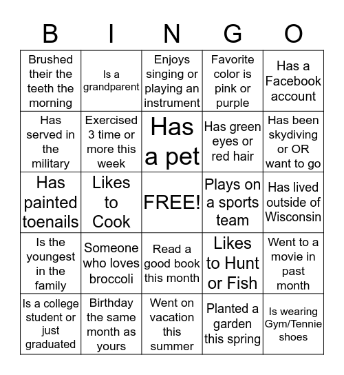 LETS GET TO KNOW EACH OTHER Bingo Card