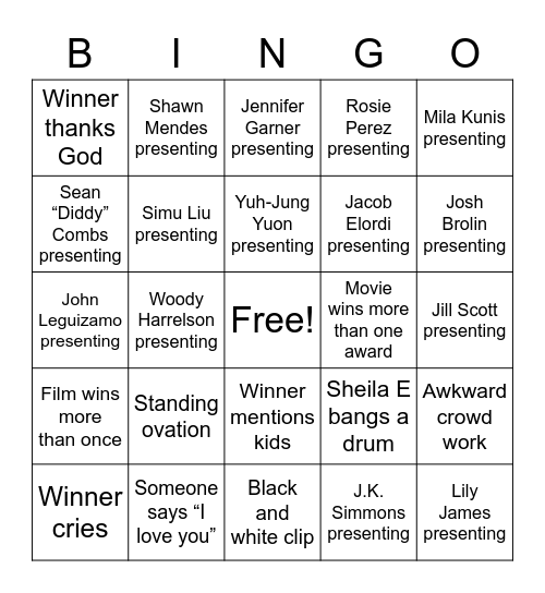 Oscars 2022 Bingo Card