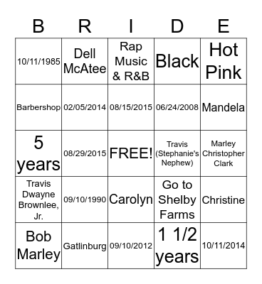 BRIDE Bingo Card