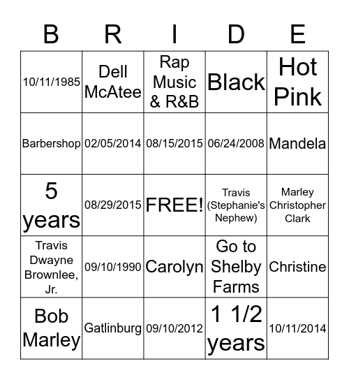 BRIDE Bingo Card