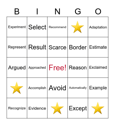 Vocabulary Bingo Card