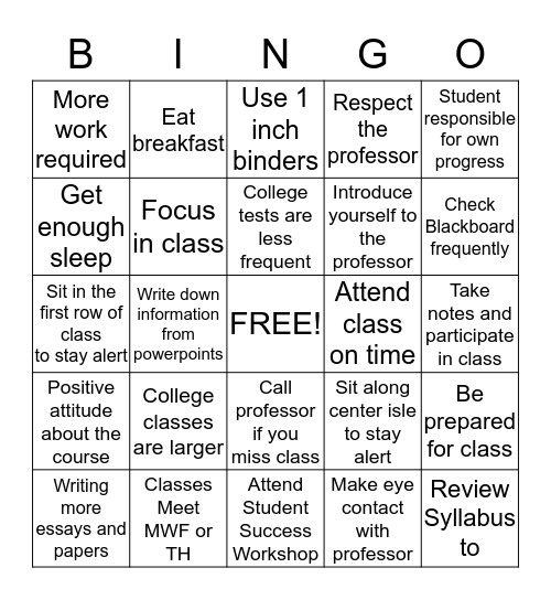 TIPS FOR SUCCESS INSIDE THE CLASSROOM Bingo Card
