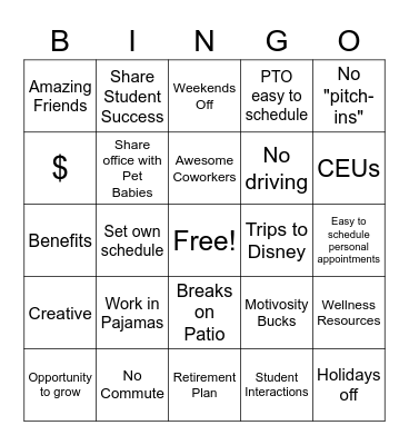 I love my job because... Bingo Card