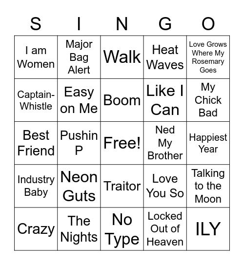 Tik Tok Bingo Card