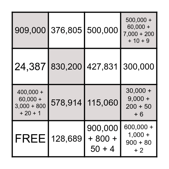 Place Value Bingo Card