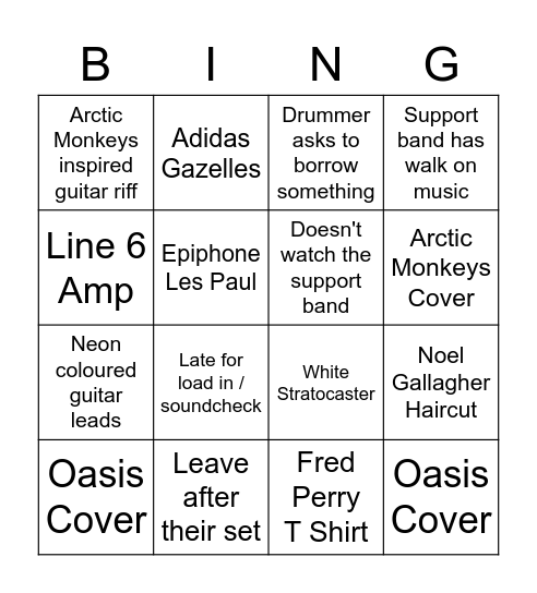 Cringy Indie Band Bingo Card
