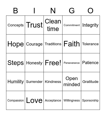 Narcotics Anonymous Bingo Card