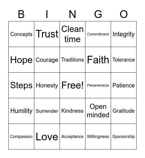 Narcotics Anonymous Bingo Card