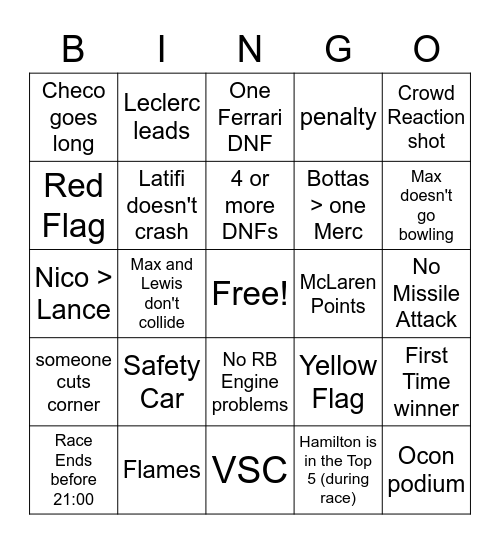 F1 Saudi GP Bingo Card