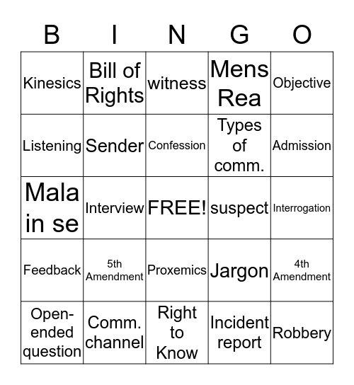 Criminal Justice Bingo Card