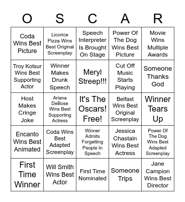 Oscars 2022 Bingo @ Dromedary! Bingo Card