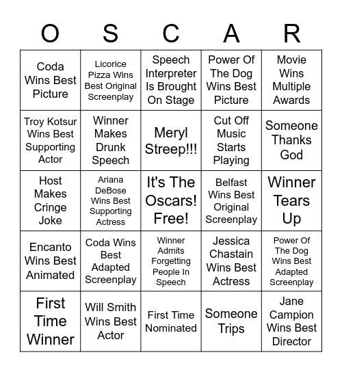 Oscars 2022 Bingo @ Dromedary! Bingo Card