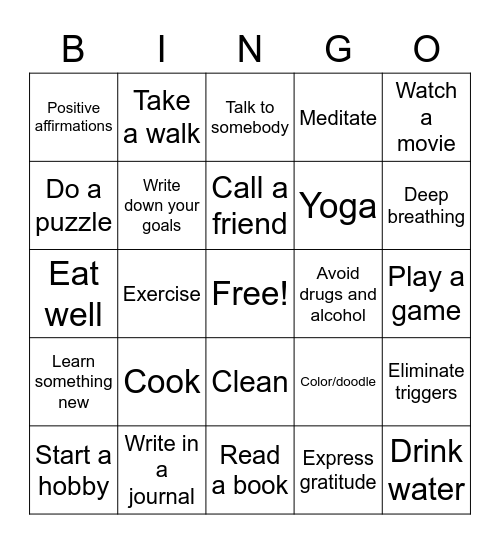 Combating Stress Bingo Card