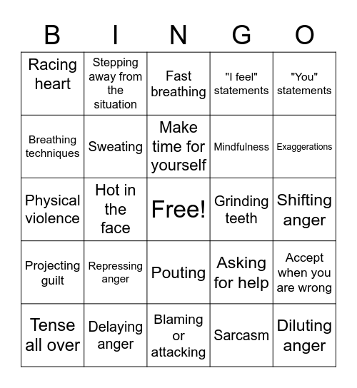 Anger Bingo Card