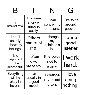 Personality Bingo Card