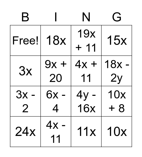 Simplify Expressions Bingo Card