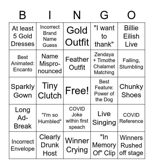 Oscars 2022 Bingo Card