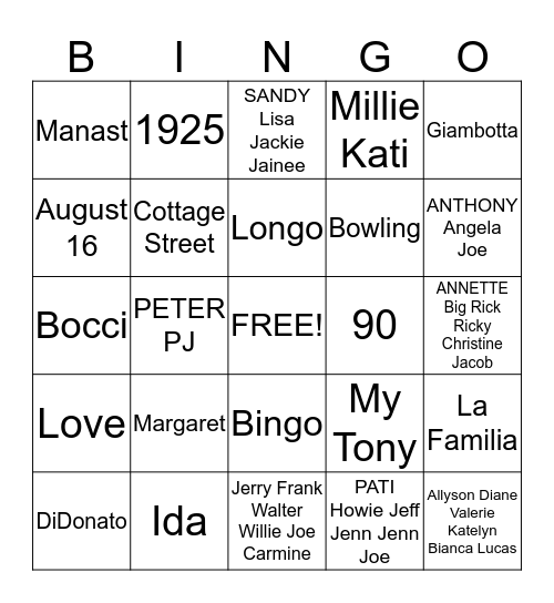 MARGIE'S  90TH  BIRTHDAY Bingo Card