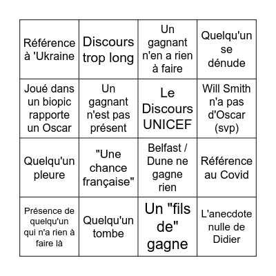 Oscars 2022 Bingo Card