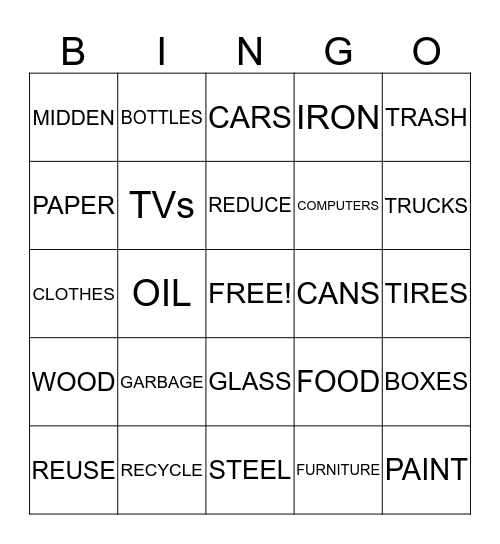 Garbology Bingo Card
