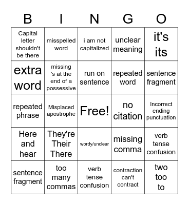 Grammar Error Bingo! Bingo Card