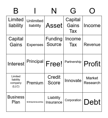 Entrepreneurial Bingo Card