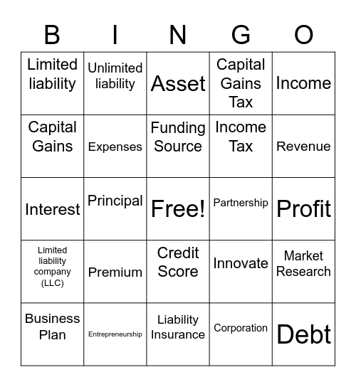 Entrepreneurial Bingo Card