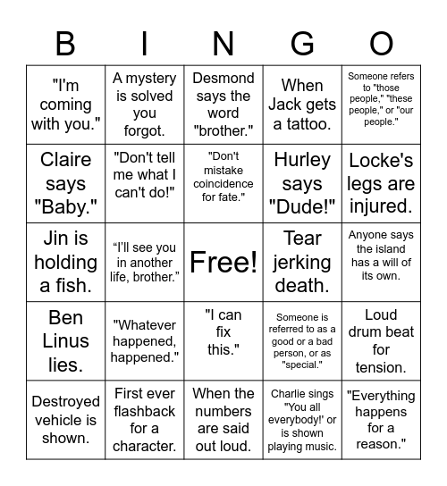 Lost Drinking Game Bingo Card