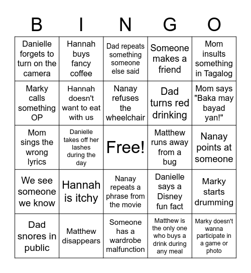 Herrera Disney Cruise Bingo Card