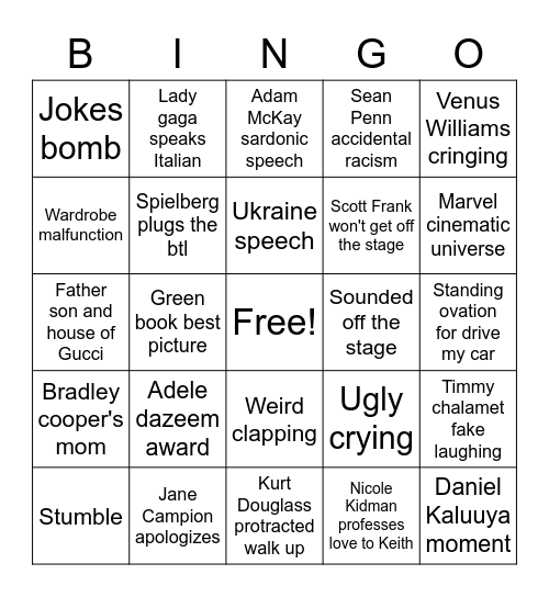 Oscars 2022 Bingo Card