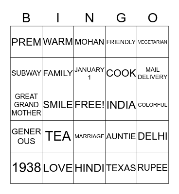 Prem's Birthday Bingo Card
