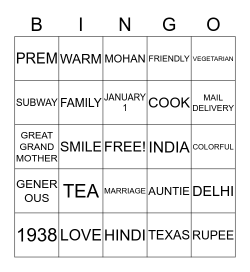 Prem's Birthday Bingo Card