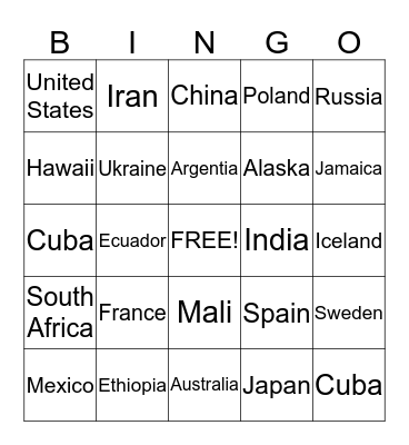 Longitude and Latitude Bingo Card
