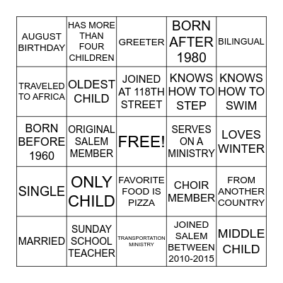 Salem Section 109 BINGO Card