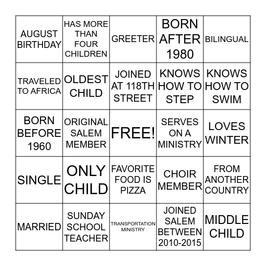 Salem Section 109 BINGO Card