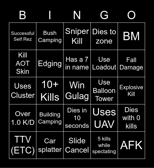 Warzone Bingo Card