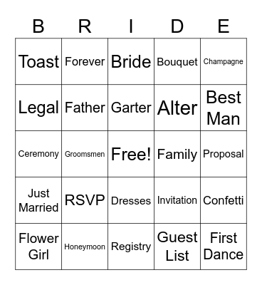 Bridal Shower Bingo Card