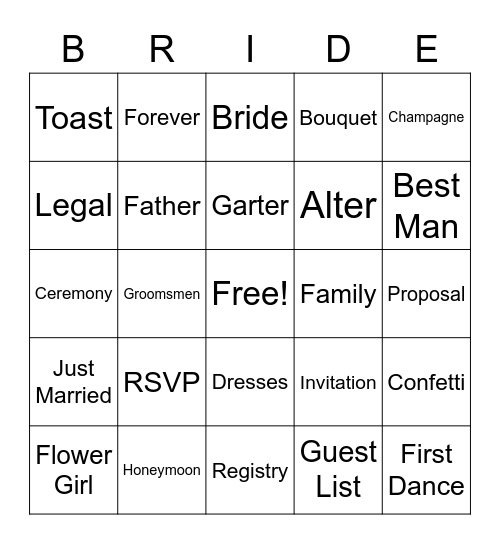 Bridal Shower Bingo Card