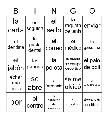 Spanish 2 - Capítulo 3A vocab bingo Card