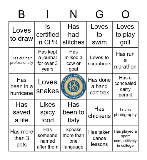Relief Society Bingo Card