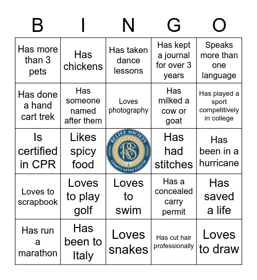 Relief Society Bingo Card