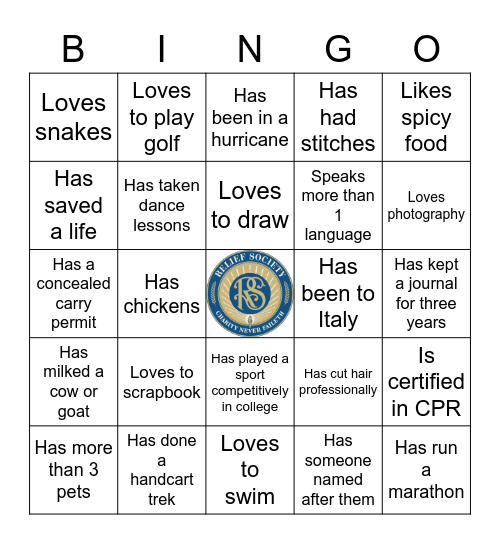 Relief Society Bingo Card
