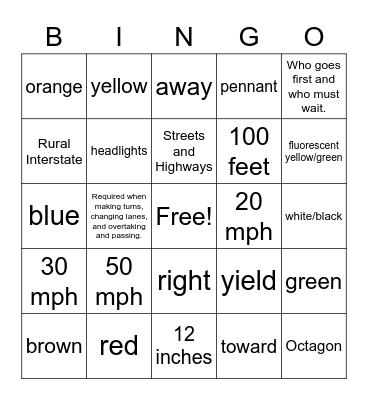 Driver Education Roadway Rules & Signs Bingo Card