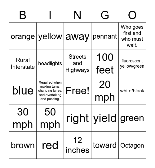 Driver Education Roadway Rules & Signs Bingo Card
