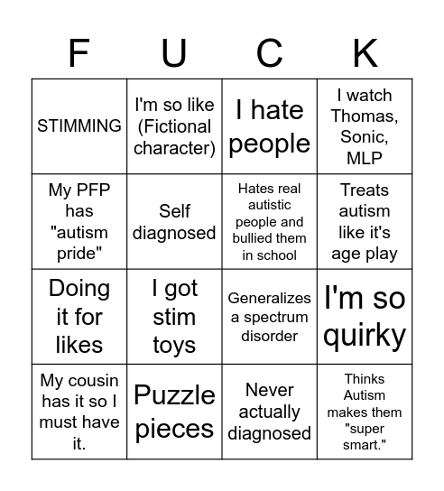Faking Autism™ Bingo t Bingo Card